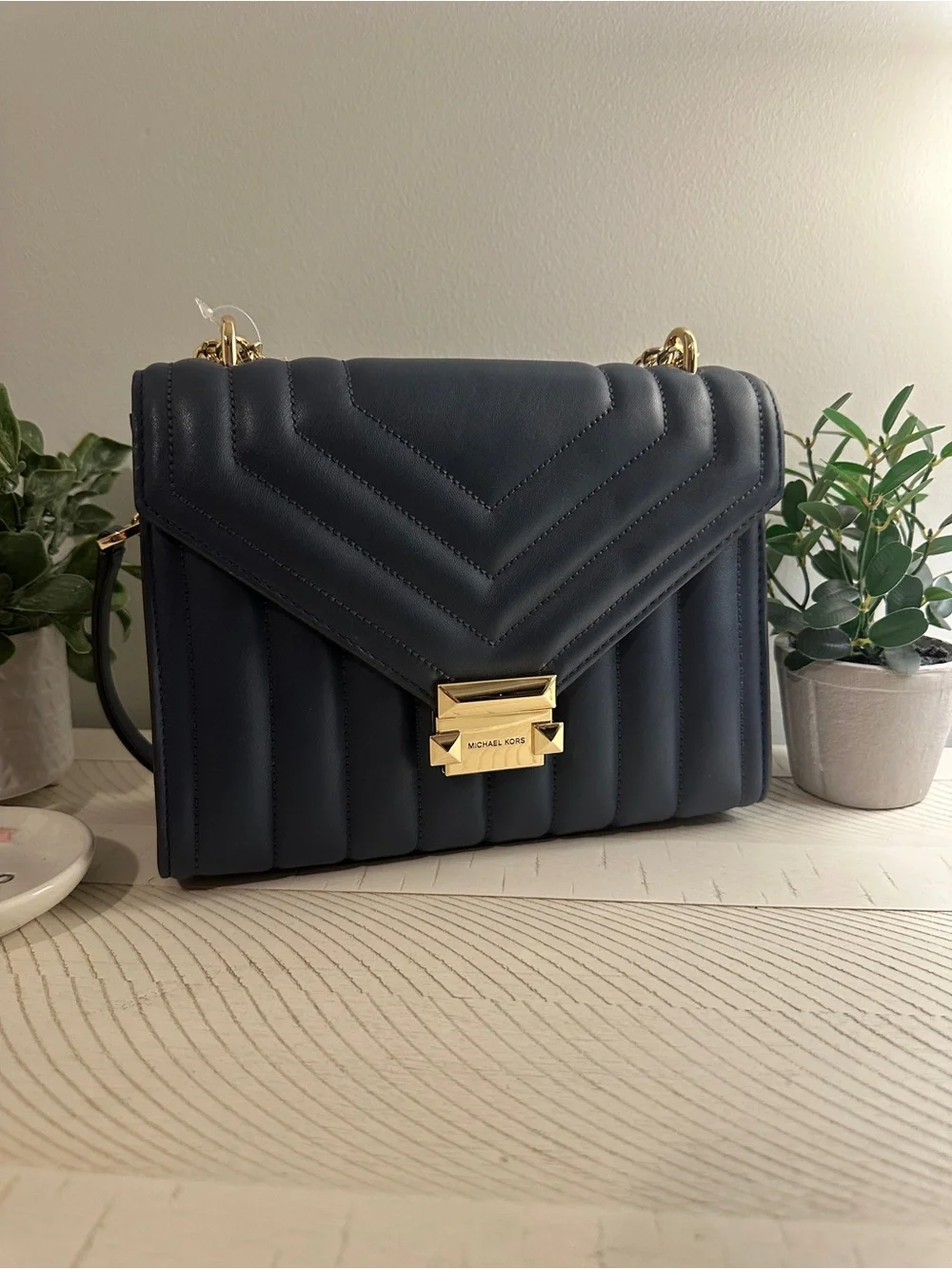 NWT Michael Kors Navy Quilted Shoulder Bag with Gold Chain